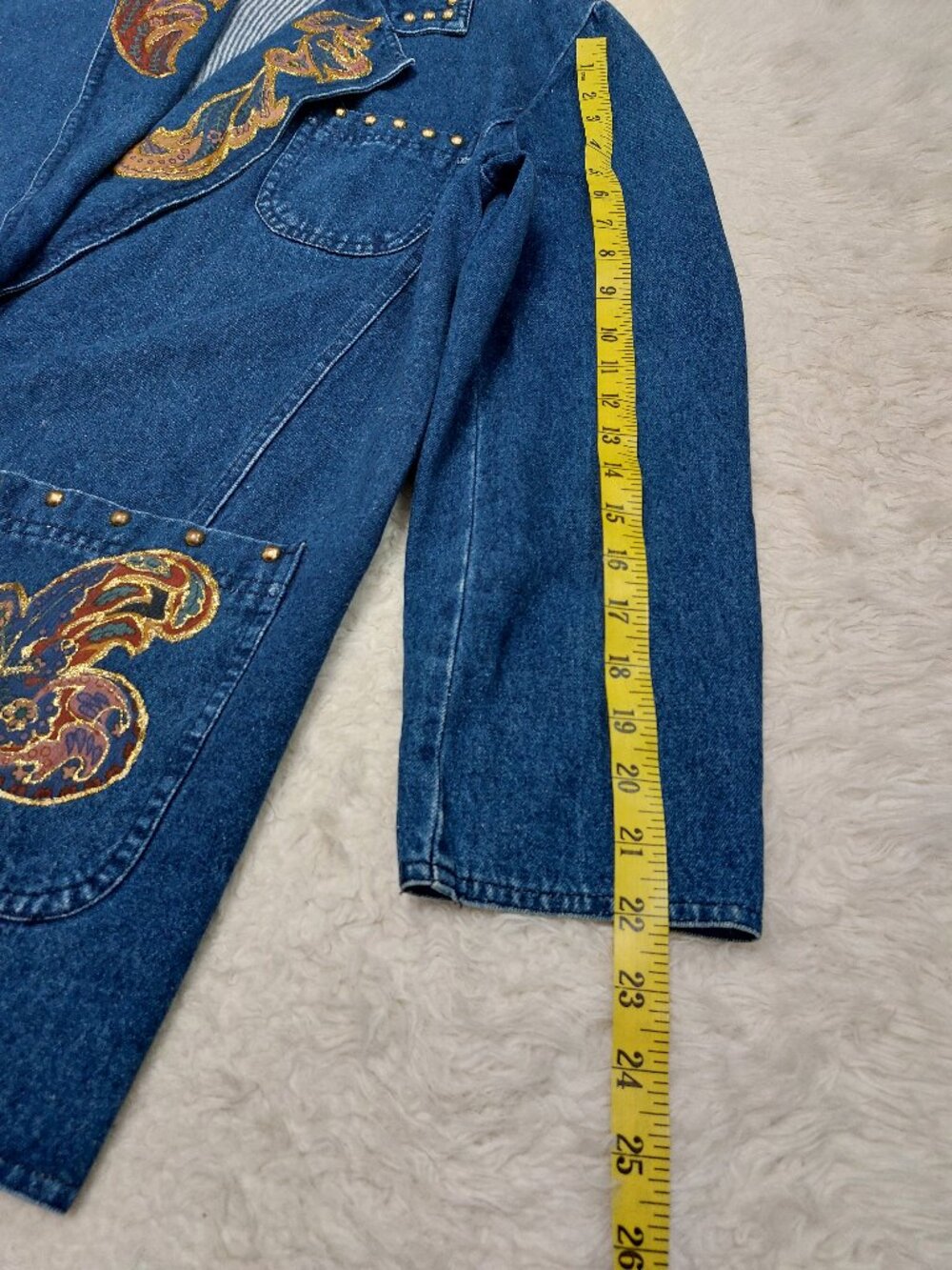 Vintage Bianca Women's Blue Studded Denim Jacket with Embroidered Paisley 10 - Picture 6 of 8